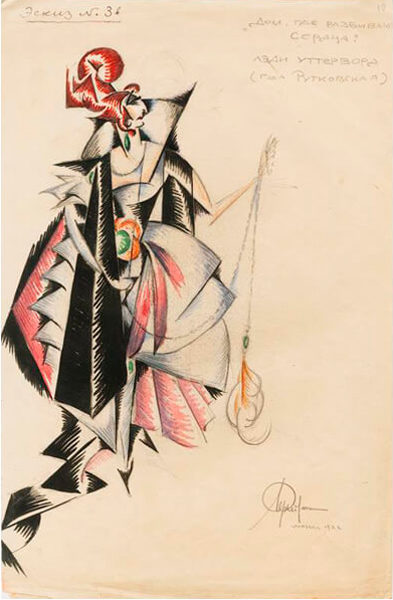Eisenstein sketch for Lady Utterword costume in ‘Heartbreak House’. (© Russian State Archive of Literature and Art, Moscow)