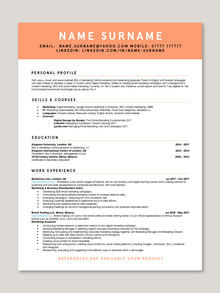 Curriculum vitae образец на английском